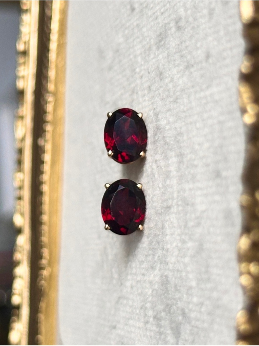 14k Yellow Gold Natural Garnet Oval Stud Earrings - Picture 3 of 10